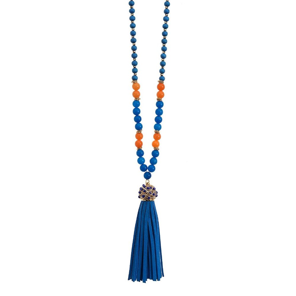 Blue and Orange Jade Bead Necklace with Suede Tassel